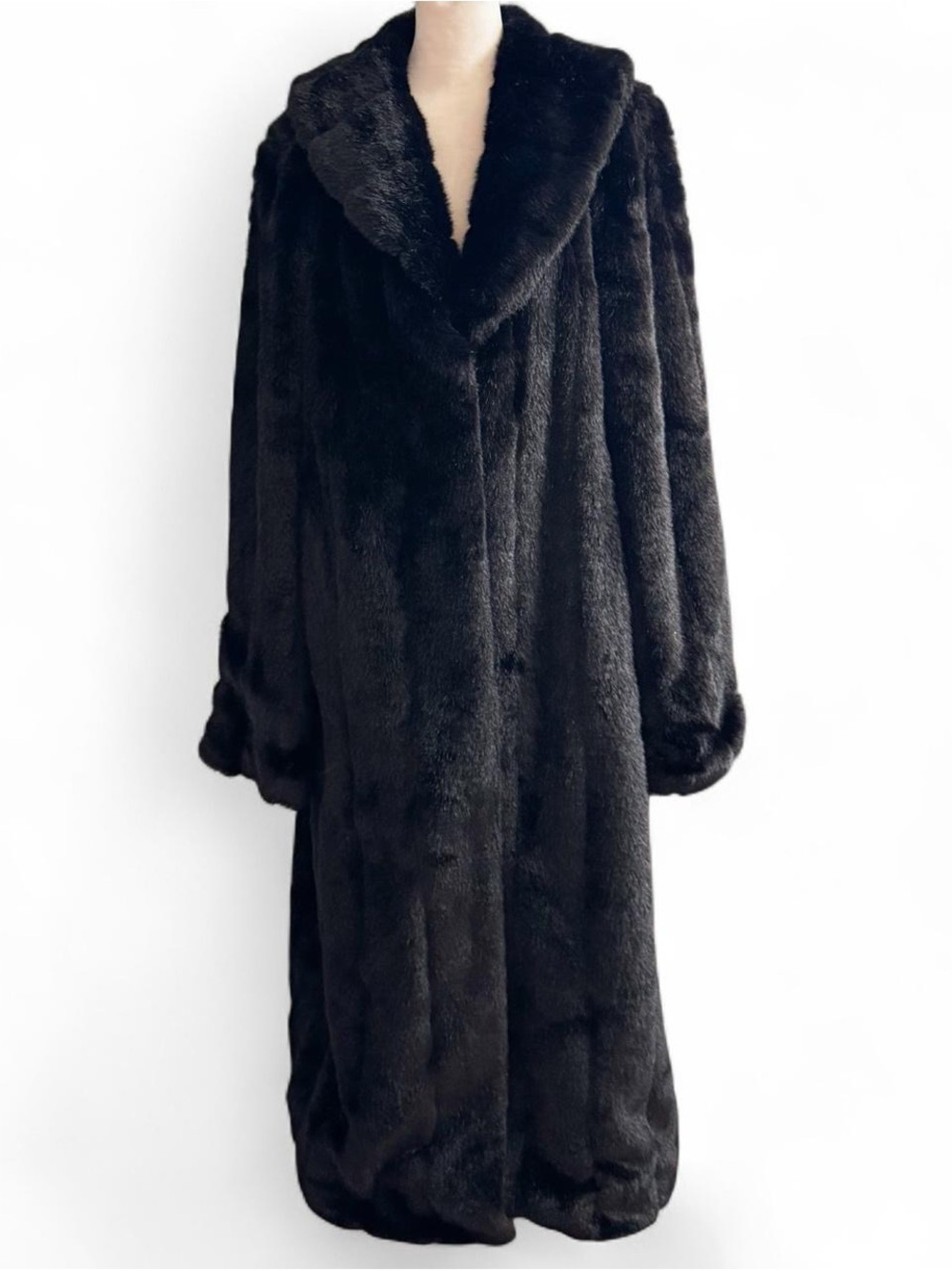 Dennis Basso Black Faux Fur Coat Women’s Size Large Full-Length Statement Coat